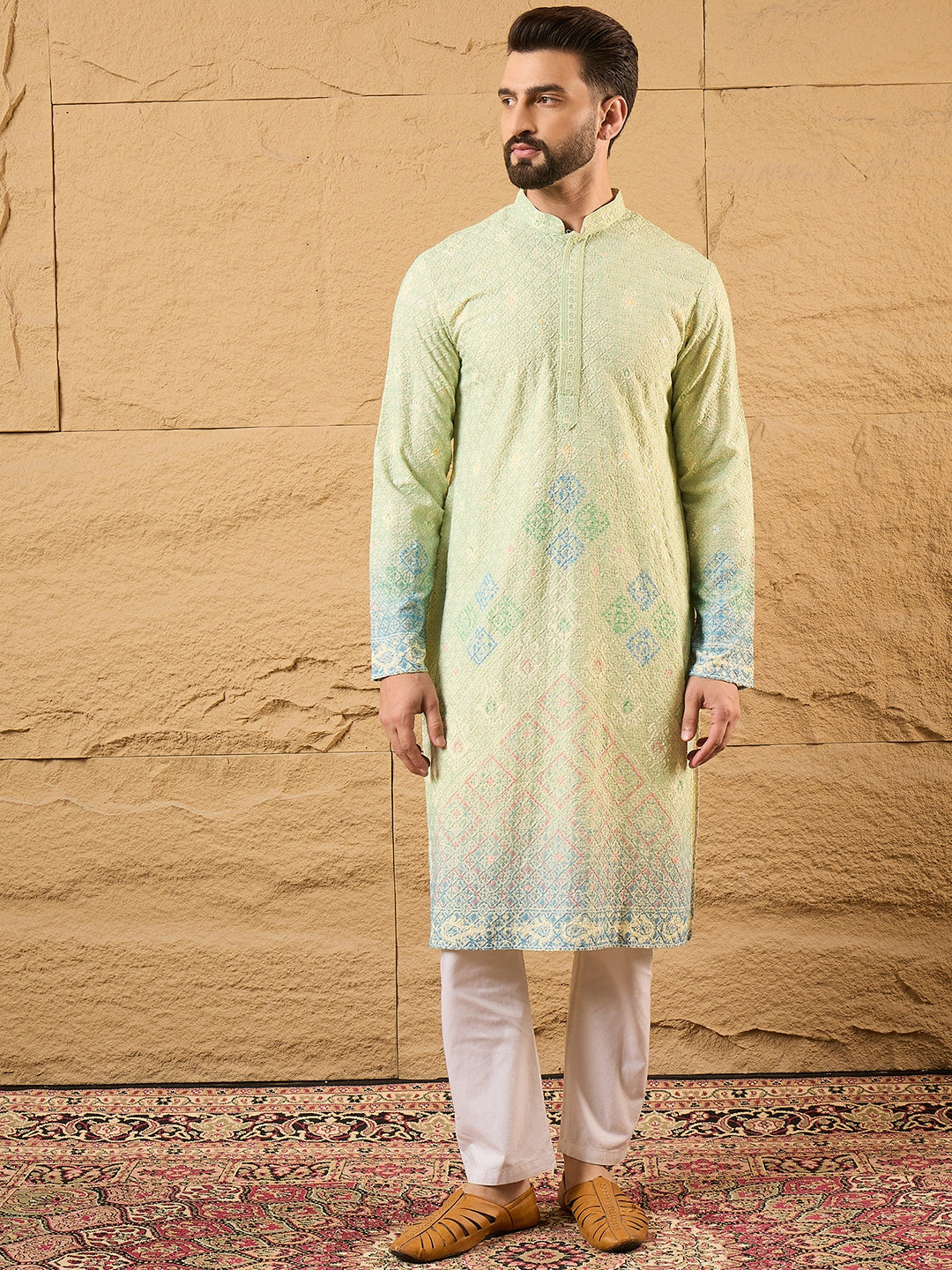 Men Green Viscose Rayon Bandhani Embroidered Straight Kurta-MKU1141