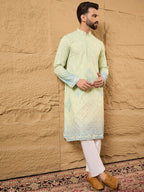 Men Green Viscose Rayon Bandhani Embroidered Straight Kurta-MKU1141