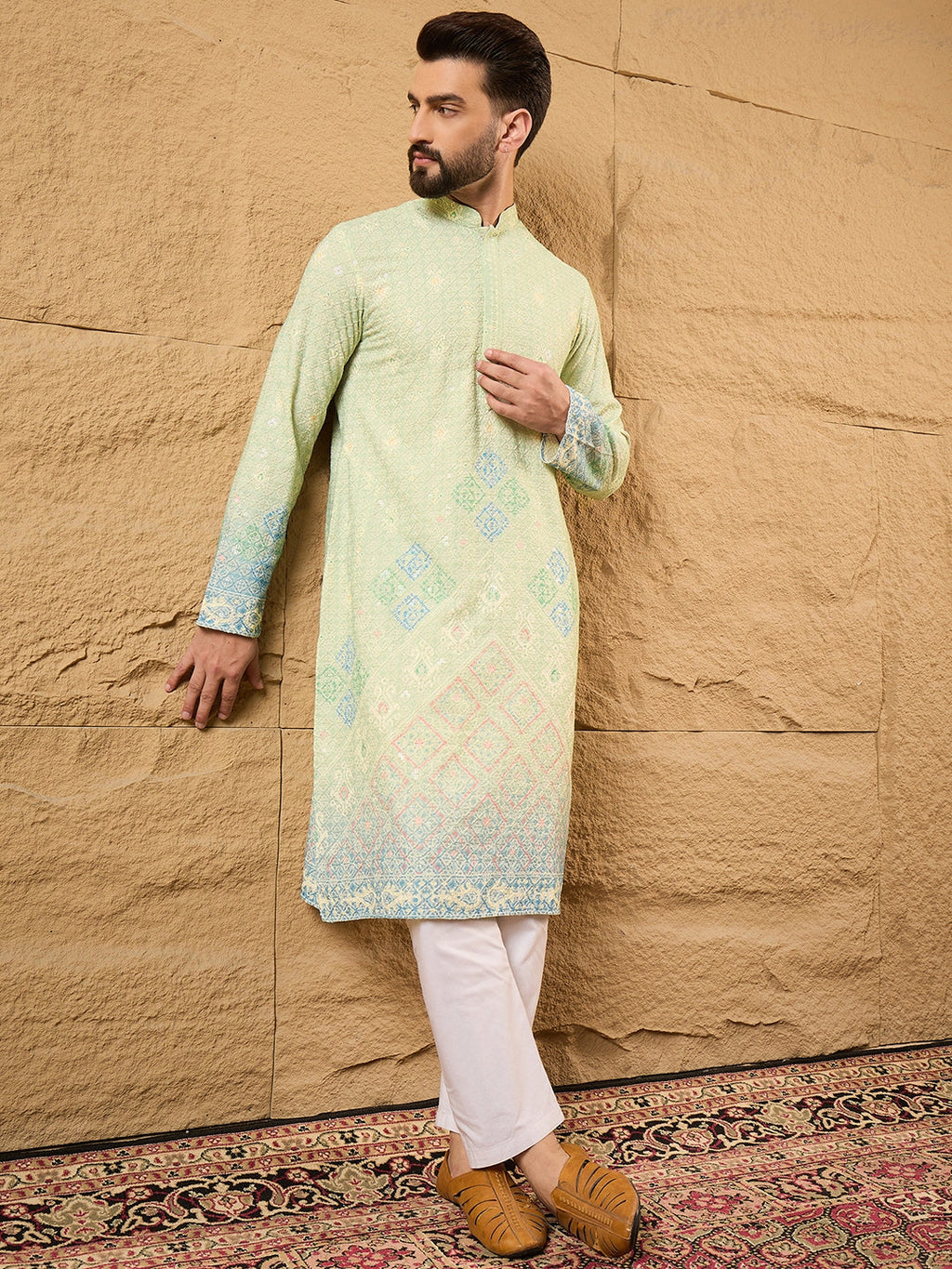 Men Green Viscose Rayon Bandhani Embroidered Straight Kurta-MKU1141