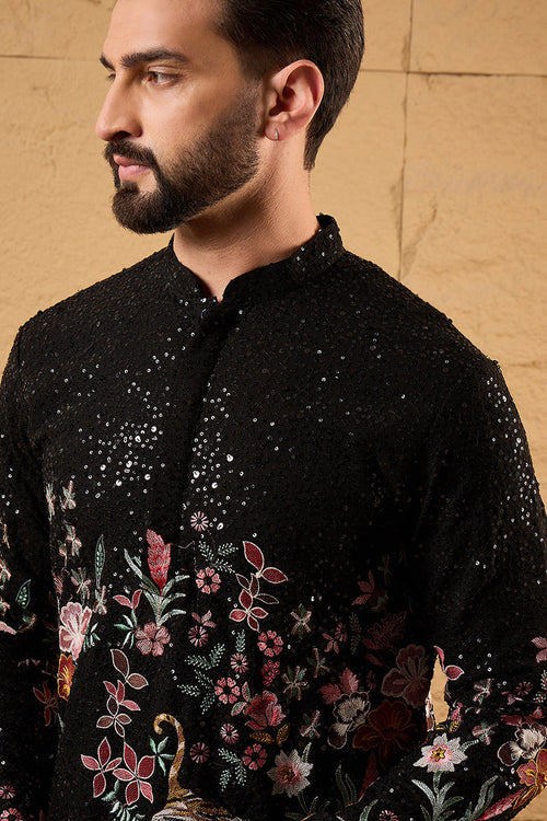 Black Georgette Embroidered Mandarin Collar Straight Kurta MKU1152