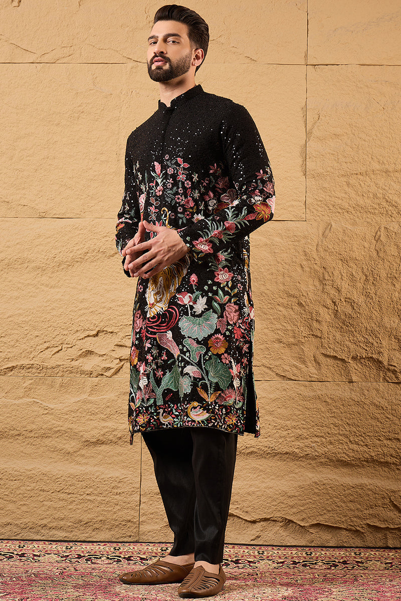 Black Georgette Embroidered Mandarin Collar Straight Kurta MKU1152