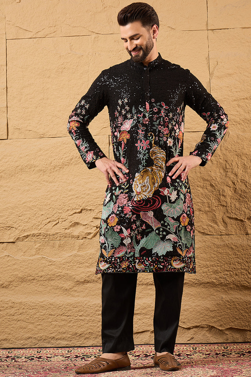 Black Georgette Embroidered Mandarin Collar Straight Kurta MKU1152