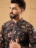 Men Black Silk Blend Solid Embroidered Straight Kurta-MKU1153