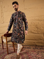 Men Black Silk Blend Solid Embroidered Straight Kurta-MKU1153