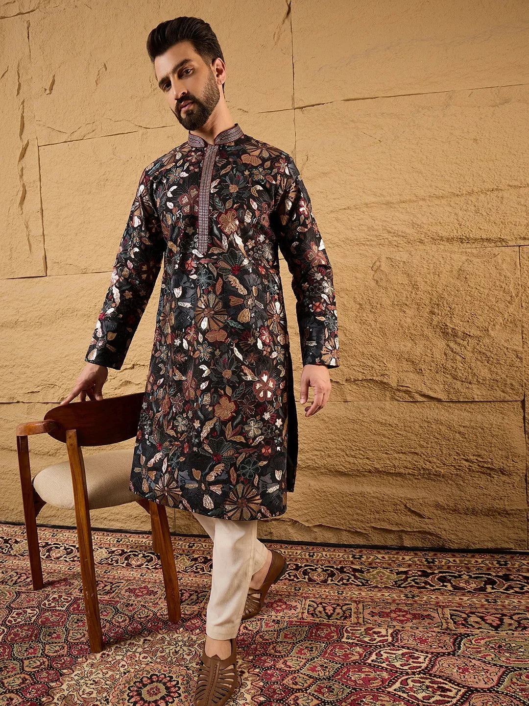 Men Black Silk Blend Solid Embroidered Straight Kurta-MKU1153