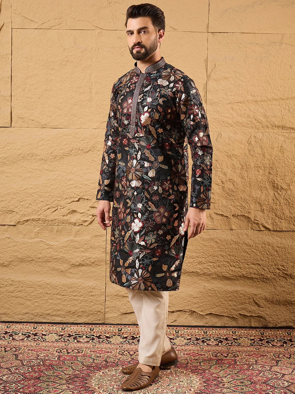 Men Black Silk Blend Solid Embroidered Straight Kurta-MKU1153