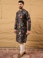 Men Black Silk Blend Solid Embroidered Straight Kurta-MKU1153