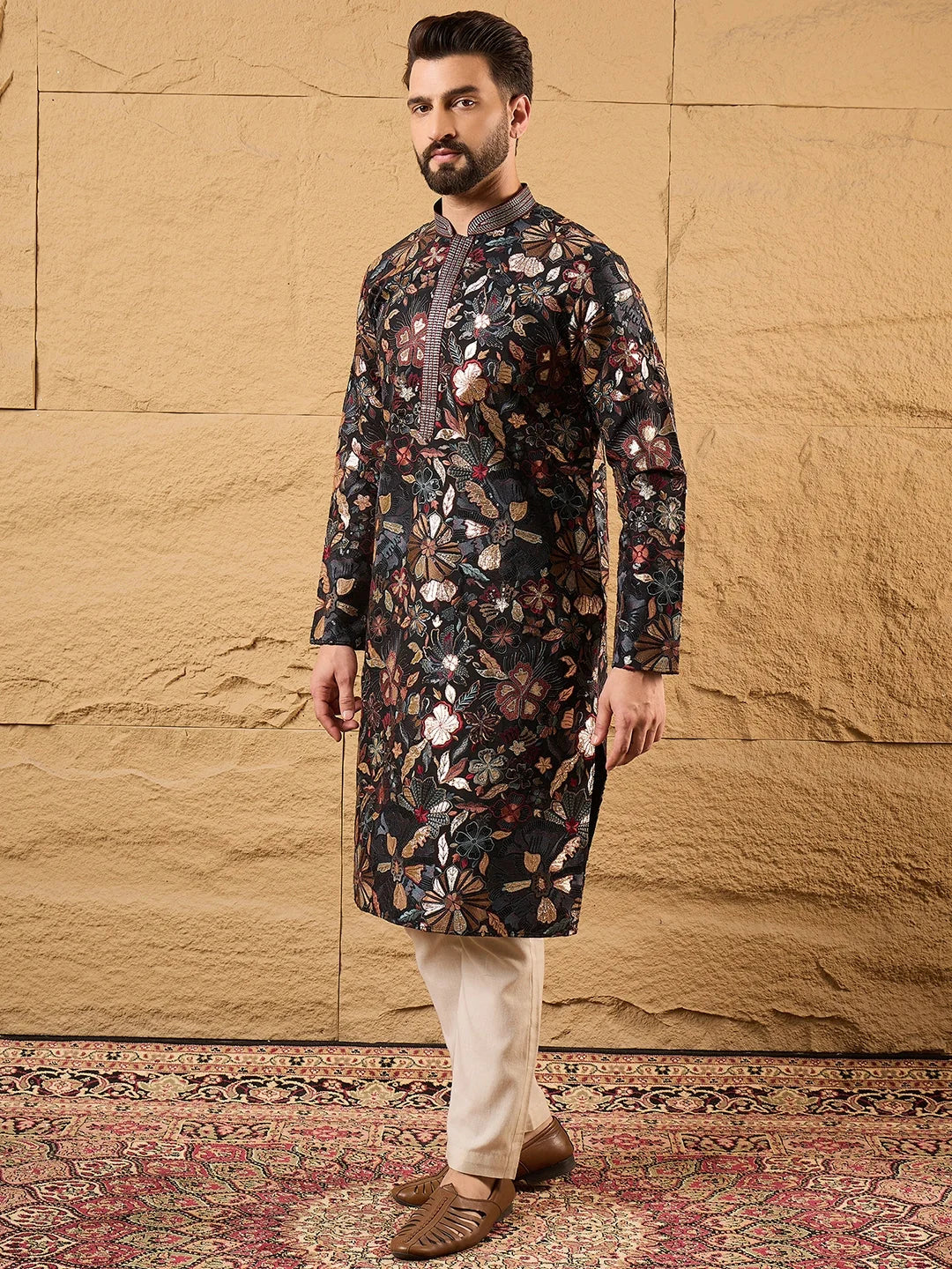 Men Black Silk Blend Solid Embroidered Straight Kurta-MKU1153