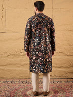 Men Black Silk Blend Solid Embroidered Straight Kurta-MKU1153