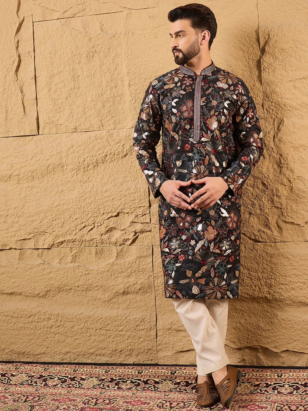 Men Black Silk Blend Solid Embroidered Straight Kurta-MKU1153