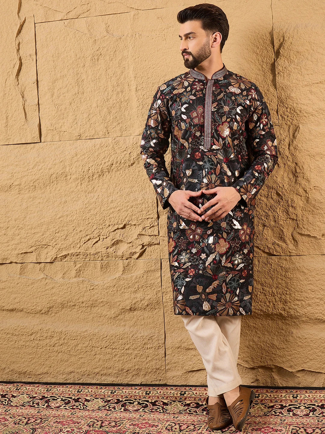 Men Black Silk Blend Solid Embroidered Straight Kurta-MKU1153