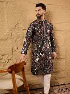 Men Black Silk Blend Solid Embroidered Straight Kurta-MKU1153