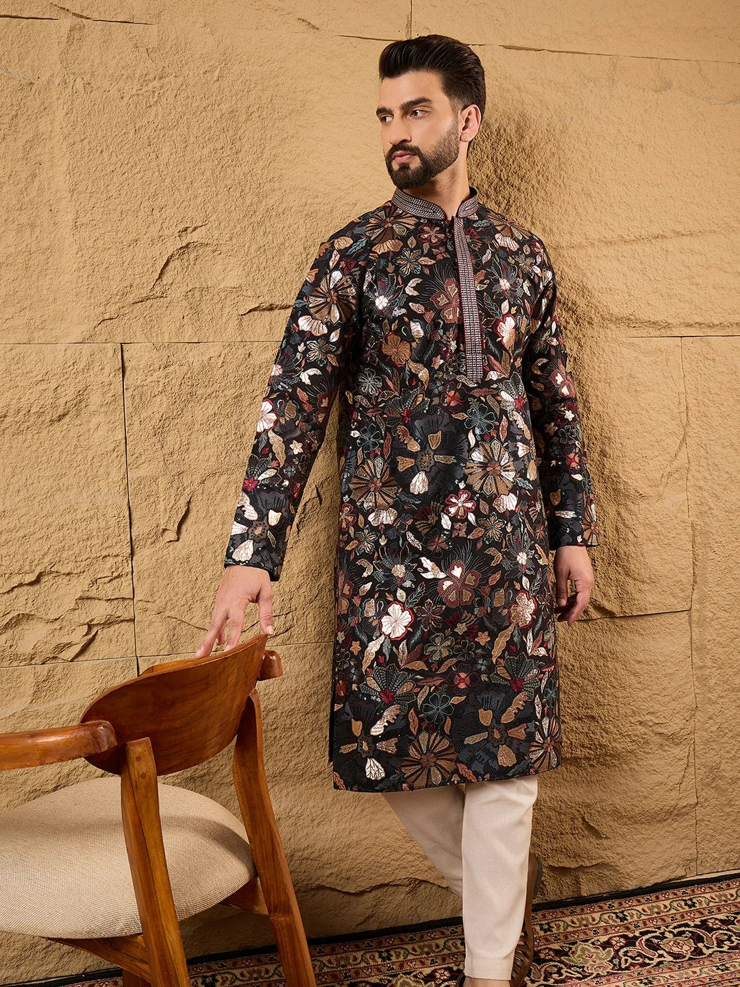 Men Black Silk Blend Solid Embroidered Straight Kurta-MKU1153