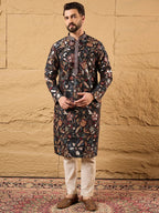 Men Black Silk Blend Solid Embroidered Straight Kurta-MKU1153