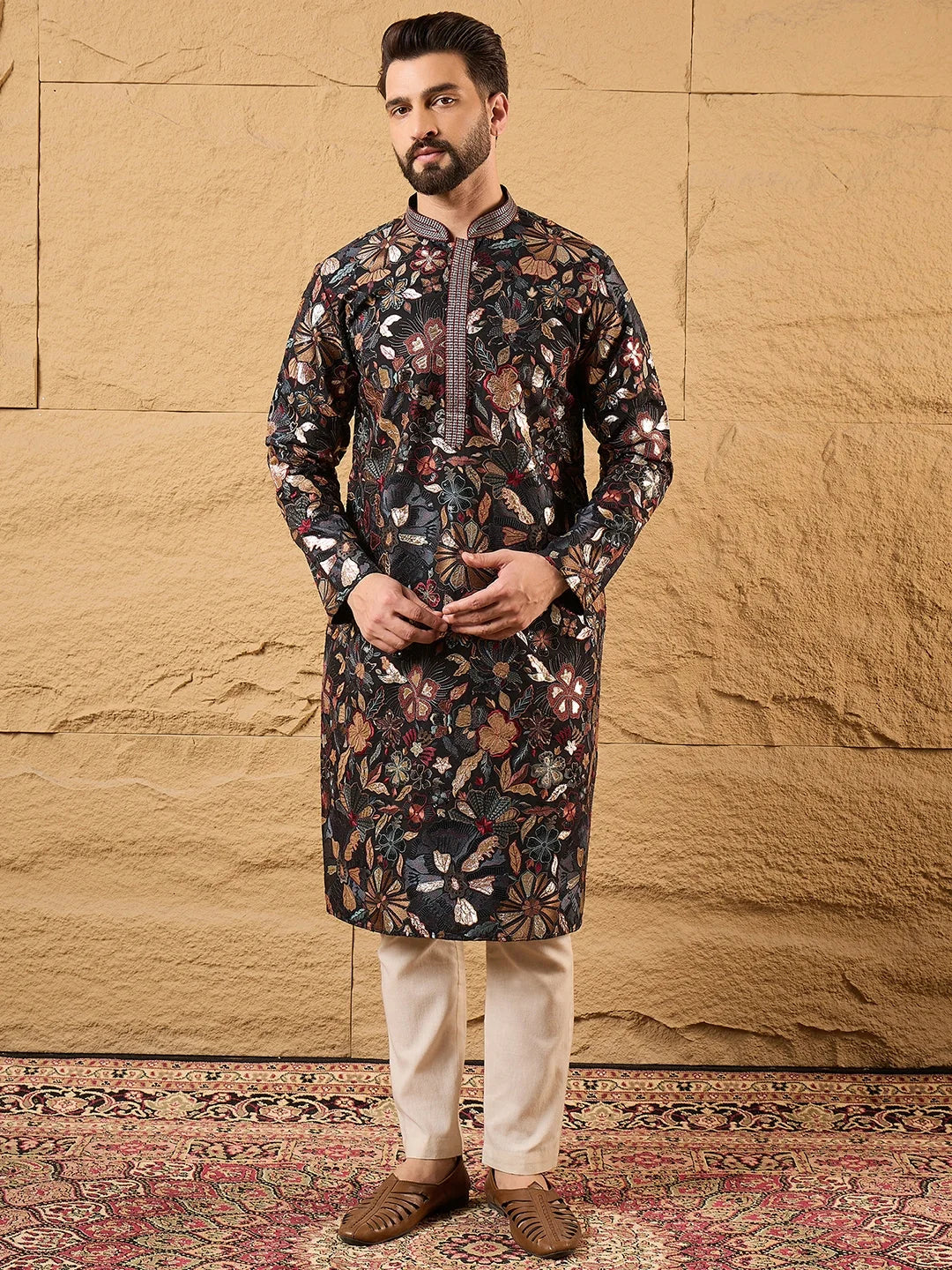 Men Black Silk Blend Solid Embroidered Straight Kurta-MKU1153