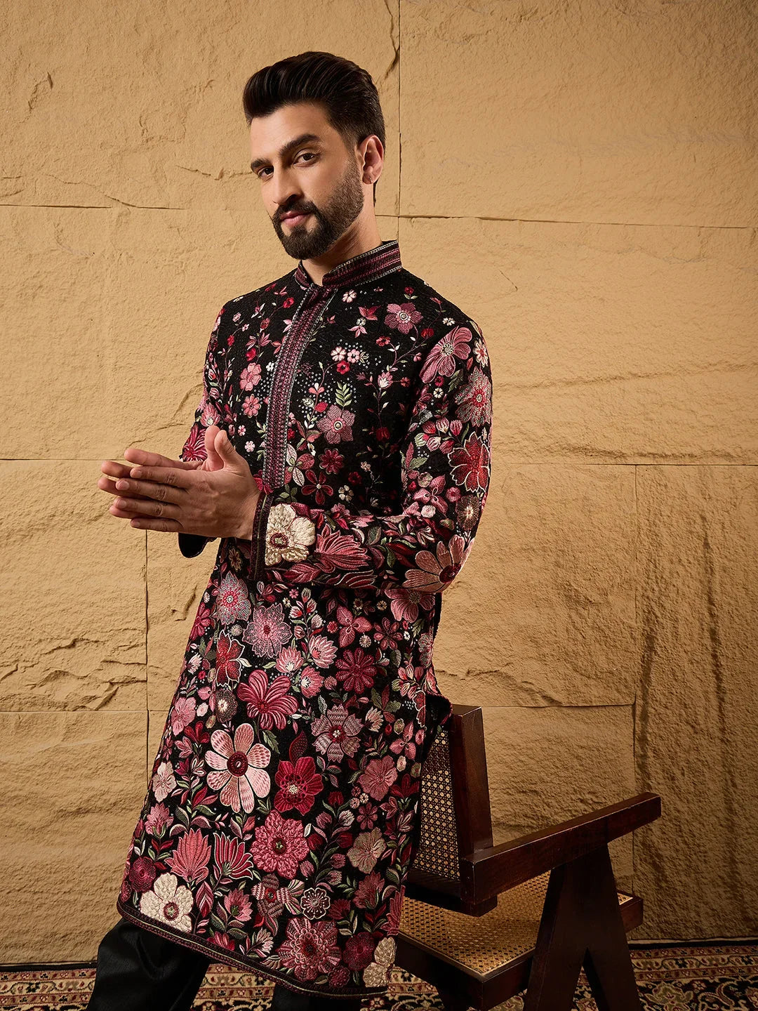 Men Black Georgette Solid Embroidered Straight Kurta-MKU1154