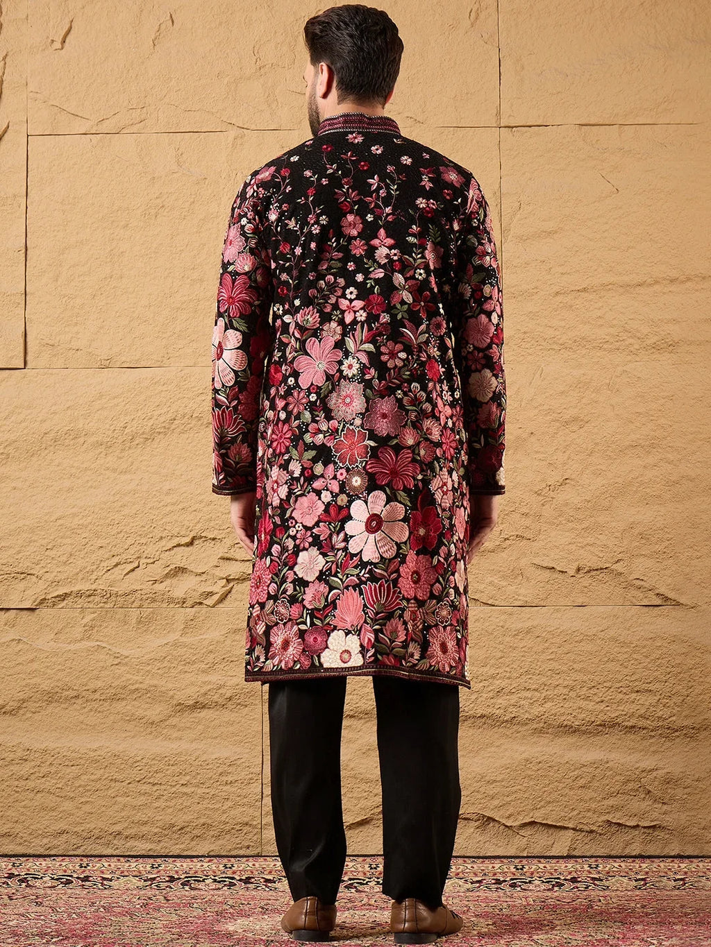 Men Black Georgette Solid Embroidered Straight Kurta-MKU1154