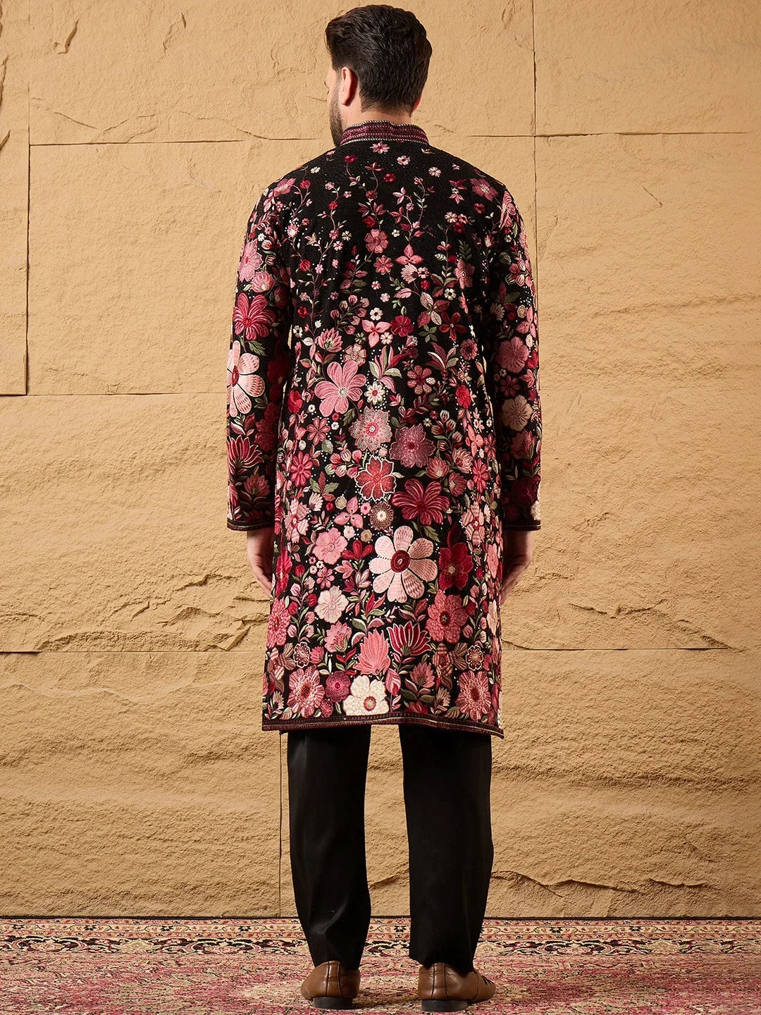 Men Black Georgette Solid Embroidered Straight Kurta-MKU1154