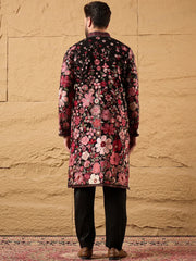 Men Black Georgette Solid Embroidered Straight Kurta-MKU1154