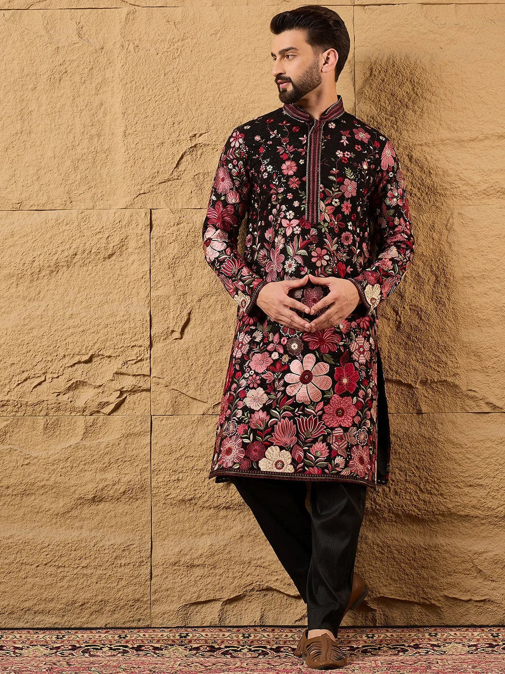 Men Black Georgette Solid Embroidered Straight Kurta-MKU1154