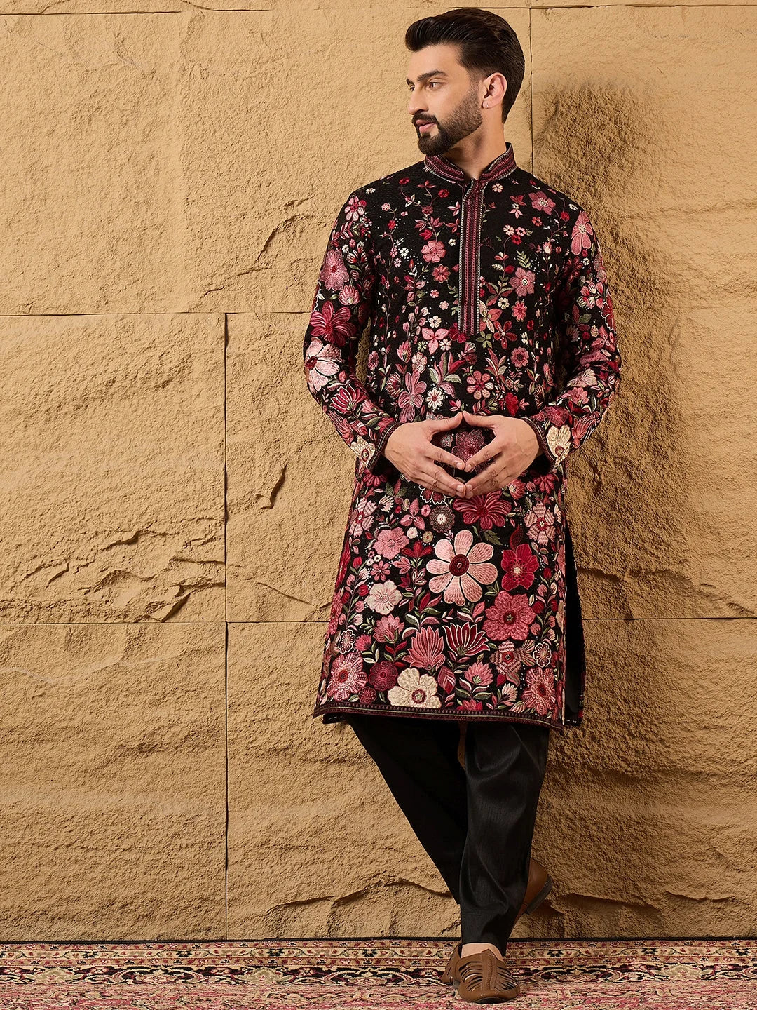 Men Black Georgette Solid Embroidered Straight Kurta-MKU1154
