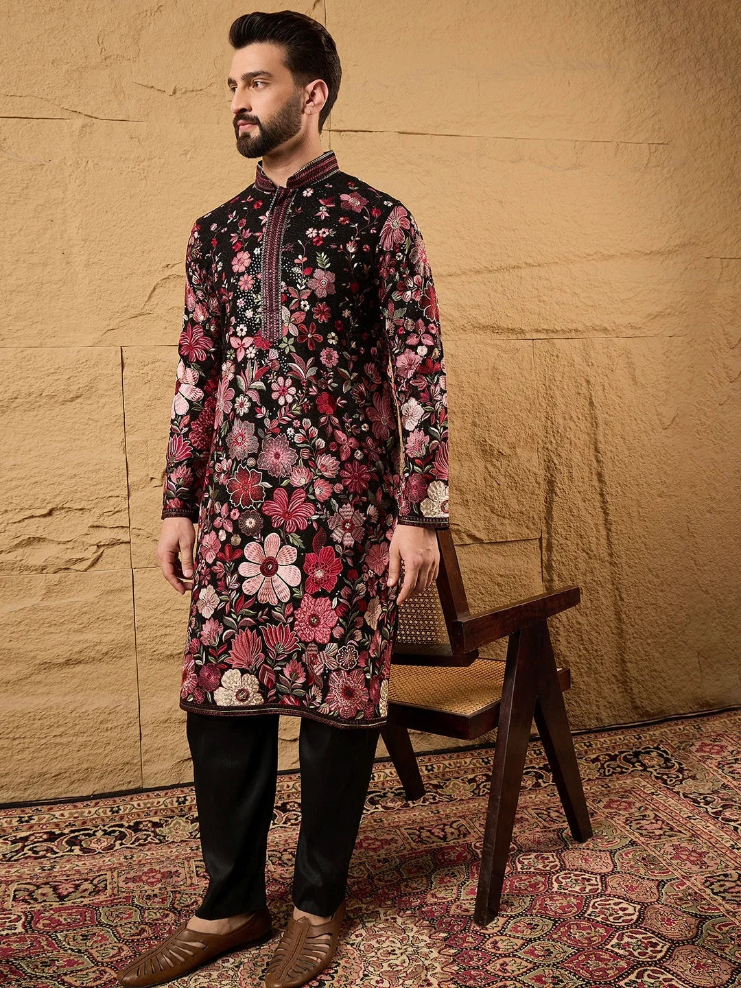 Men Black Georgette Solid Embroidered Straight Kurta-MKU1154