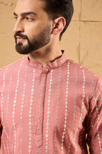 Pink Cotton Blend Embroidered Mandarin Collar Straight Kurta MKU1156