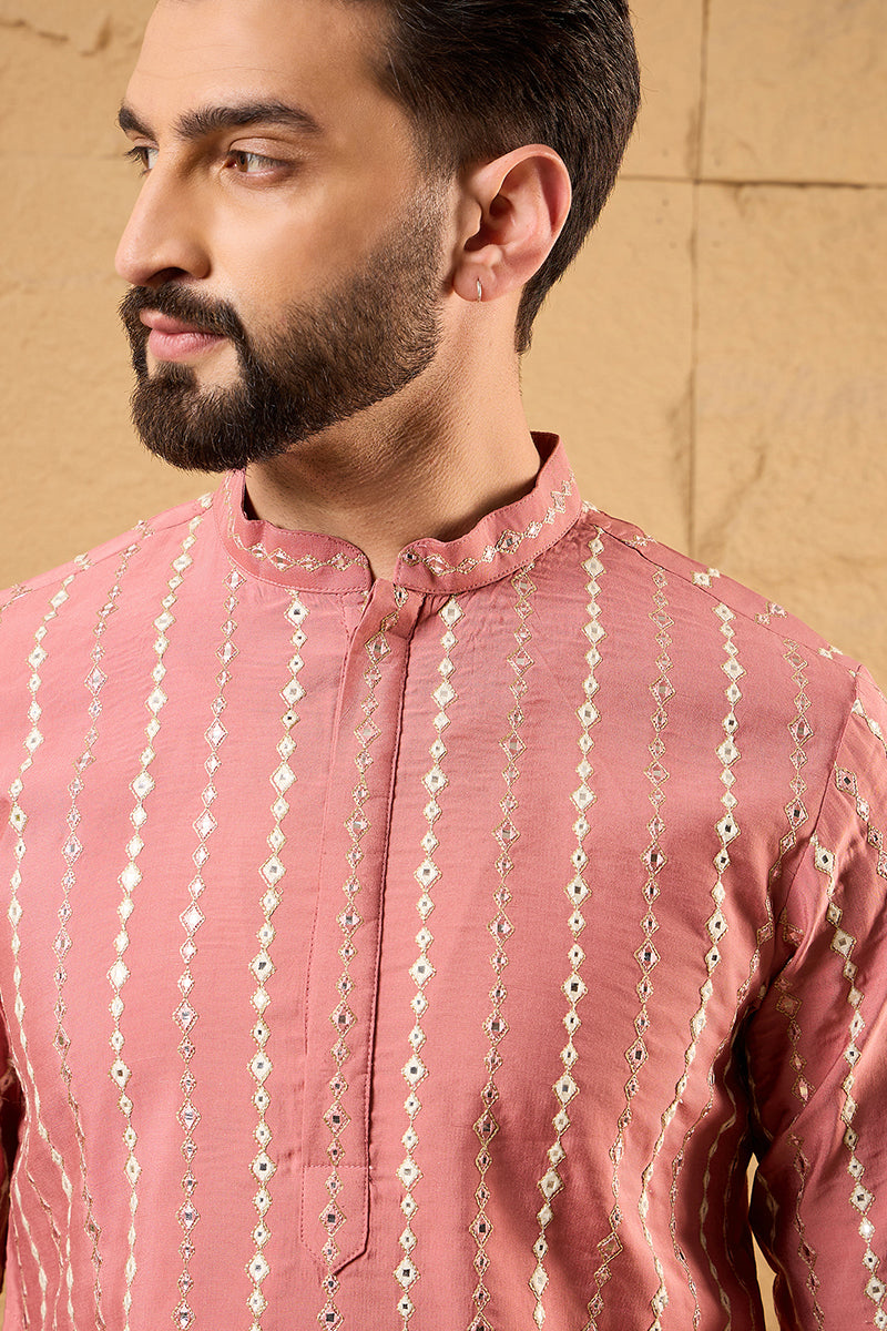 Pink Cotton Blend Embroidered Mandarin Collar Straight Kurta MKU1156