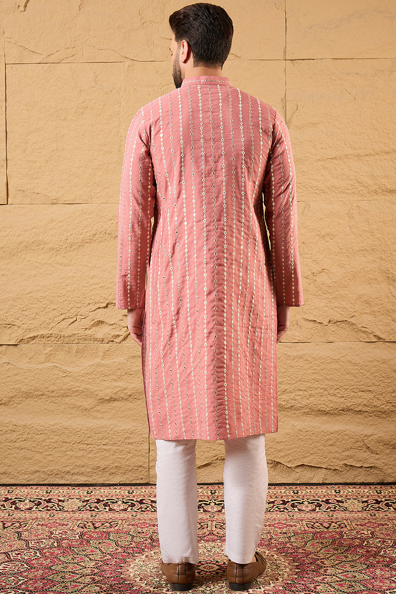 Pink Cotton Blend Embroidered Mandarin Collar Straight Kurta MKU1156