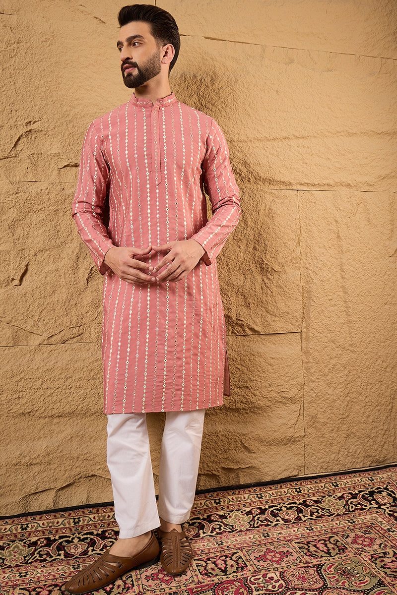 Pink Cotton Blend Embroidered Mandarin Collar Straight Kurta MKU1156