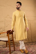 Yellow Silk Blend Embroidered Mandarin Collar Straight Kurta MKU1157