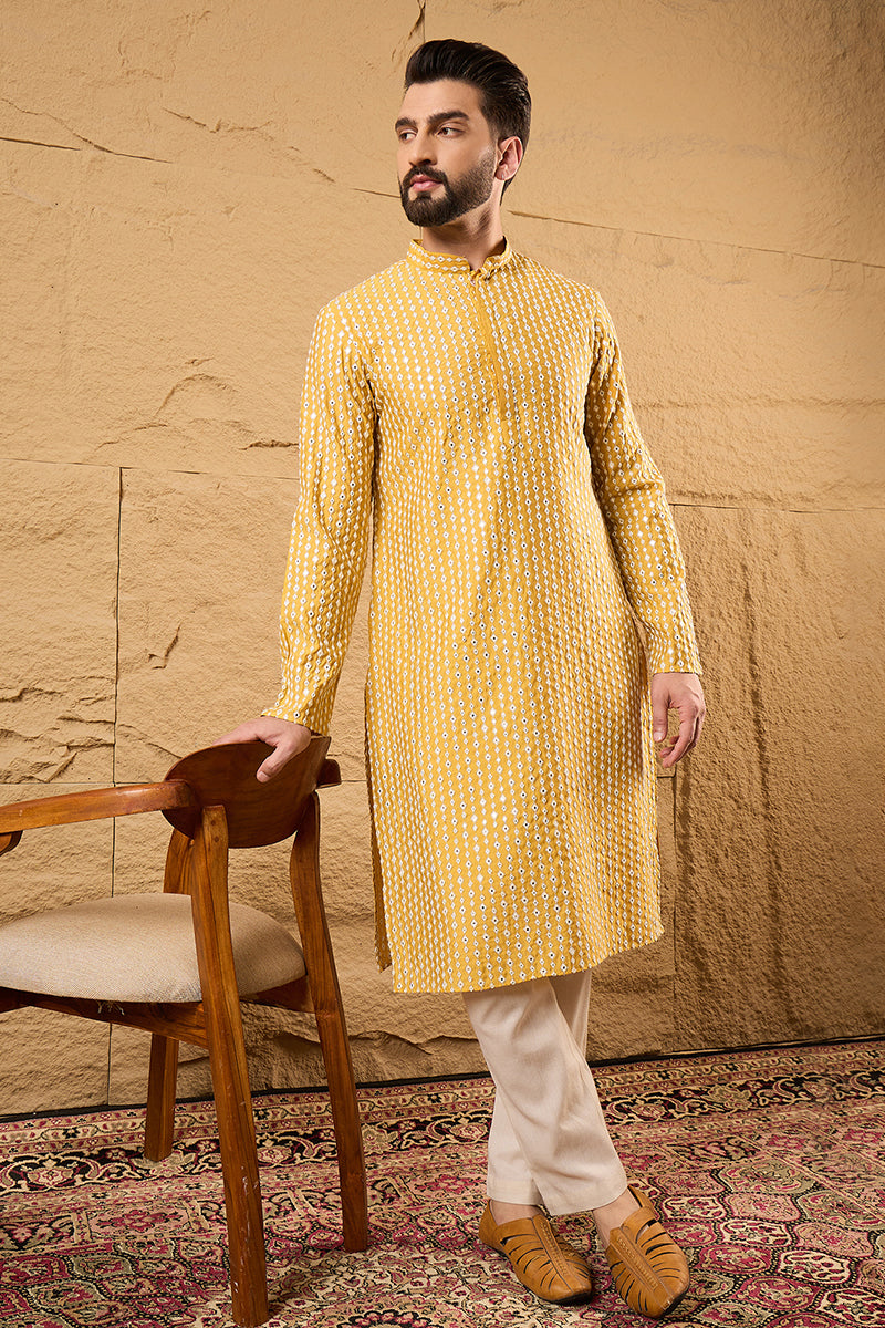 Yellow Silk Blend Embroidered Mandarin Collar Straight Kurta MKU1157