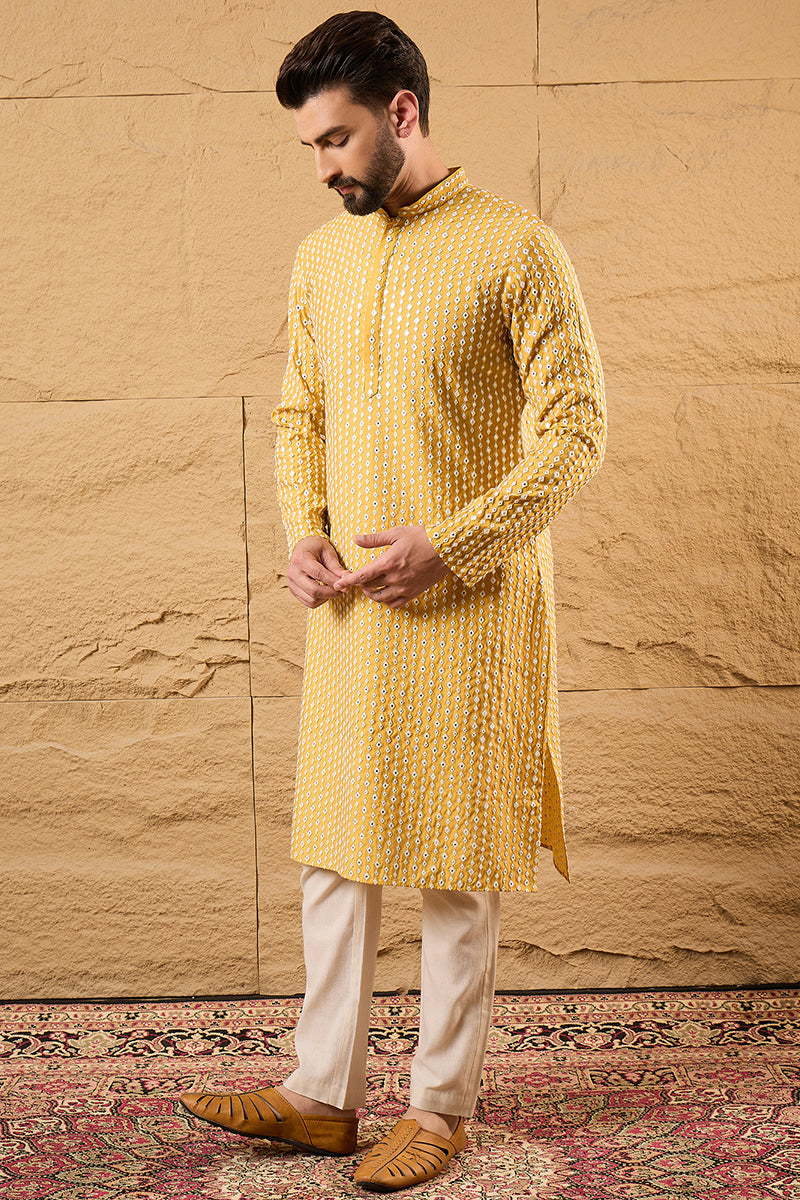 Yellow Silk Blend Embroidered Mandarin Collar Straight Kurta MKU1157