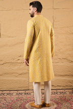 Yellow Silk Blend Embroidered Mandarin Collar Straight Kurta MKU1157