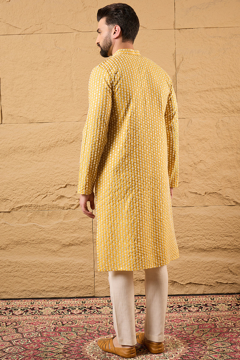 Yellow Silk Blend Embroidered Mandarin Collar Straight Kurta MKU1157