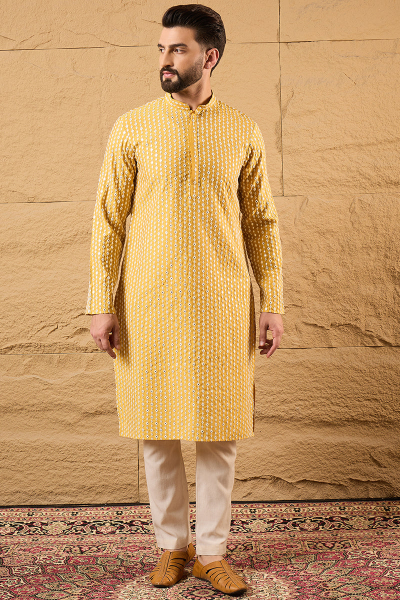 Yellow Silk Blend Embroidered Mandarin Collar Straight Kurta MKU1157