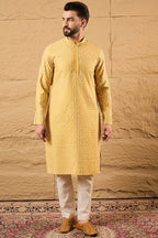 Yellow Silk Blend Embroidered Mandarin Collar Straight Kurta MKU1157
