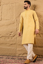 Yellow Silk Blend Embroidered Mandarin Collar Straight Kurta MKU1157