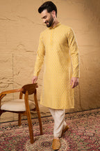 Yellow Silk Blend Embroidered Mandarin Collar Straight Kurta MKU1157