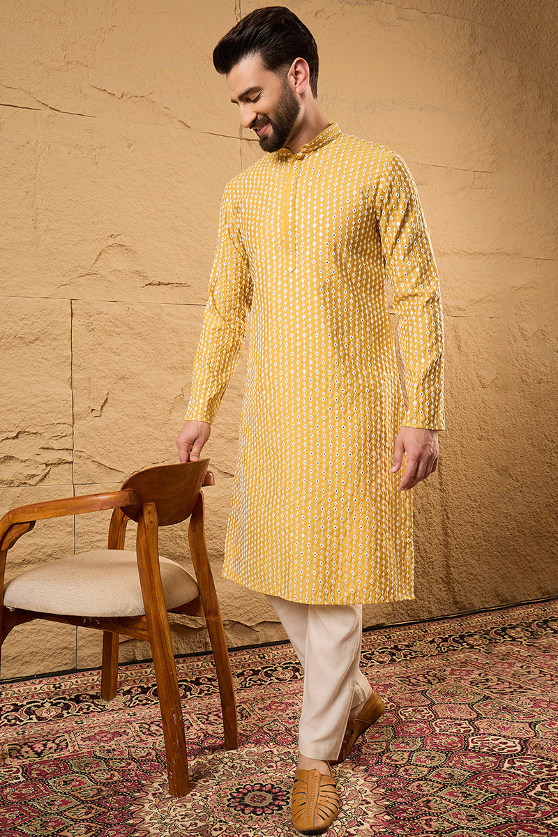Yellow Silk Blend Embroidered Mandarin Collar Straight Kurta MKU1157