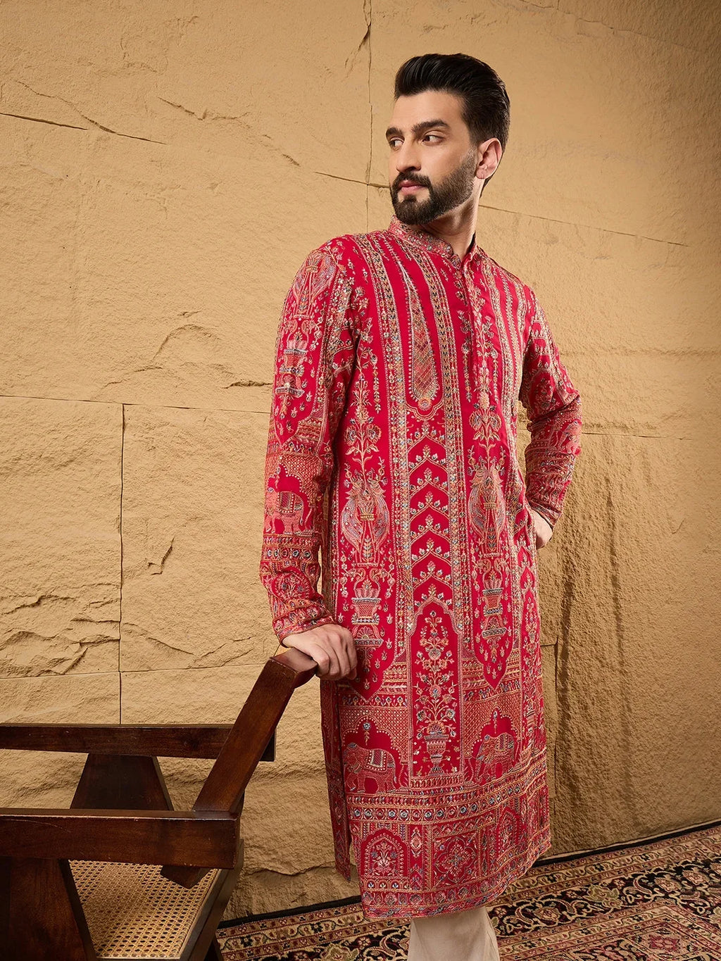 Men Pink Georgette Solid Embroidered Straight Kurta-MKU1160