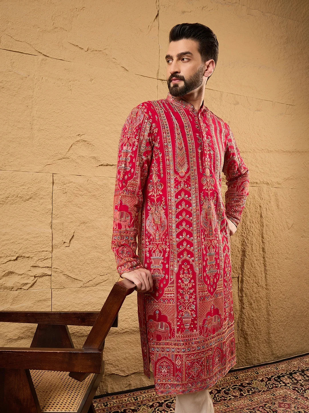 Men Pink Georgette Solid Embroidered Straight Kurta-MKU1160