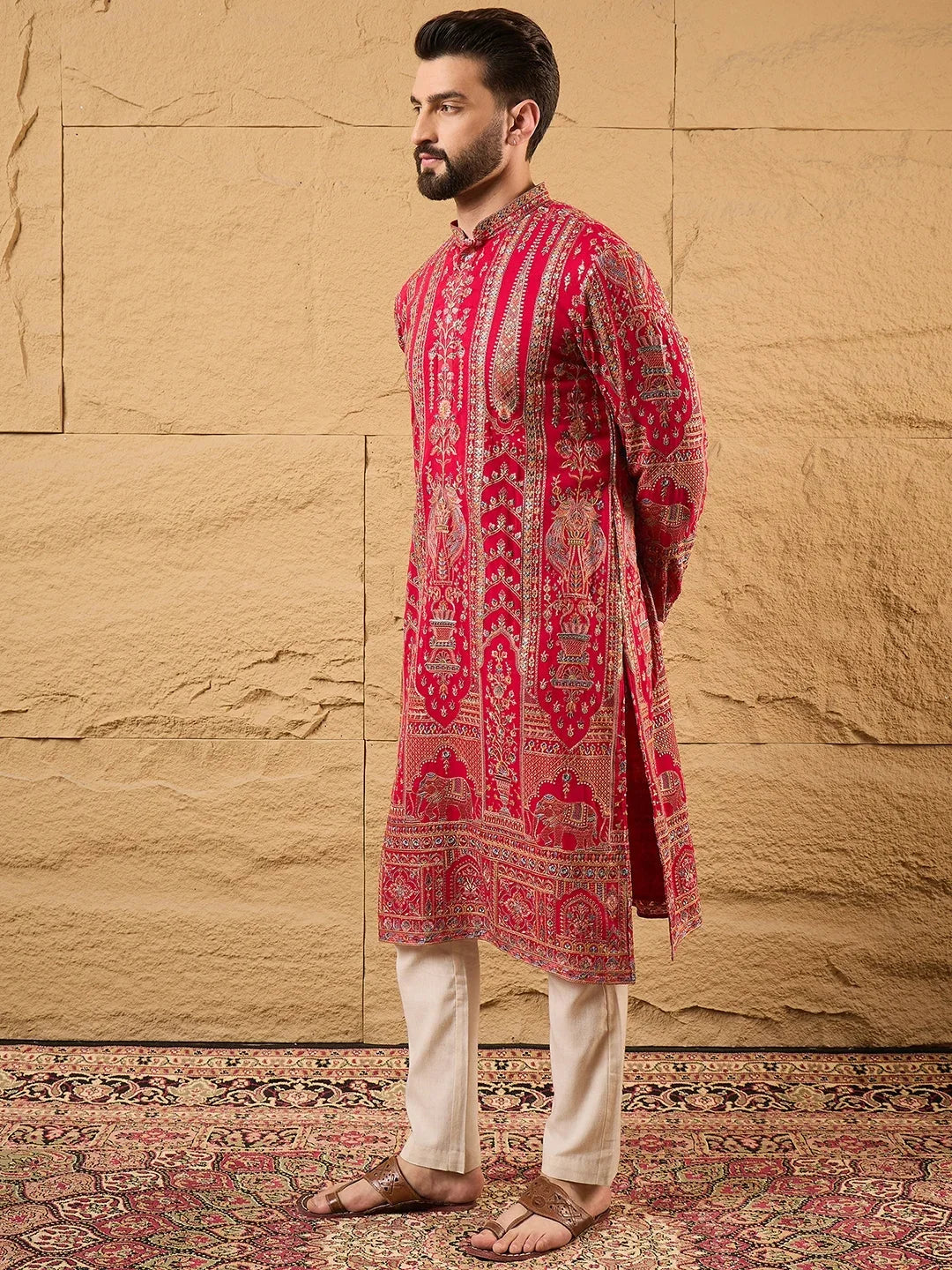 Men Pink Georgette Solid Embroidered Straight Kurta-MKU1160