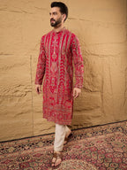 Men Pink Georgette Solid Embroidered Straight Kurta-MKU1160