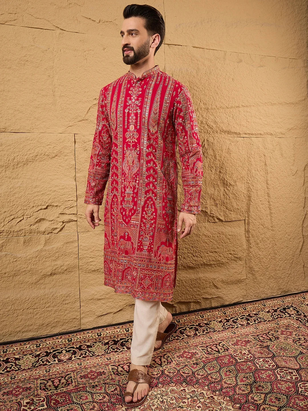 Men Pink Georgette Solid Embroidered Straight Kurta-MKU1160