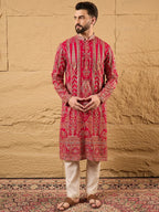 Men Pink Georgette Solid Embroidered Straight Kurta-MKU1160