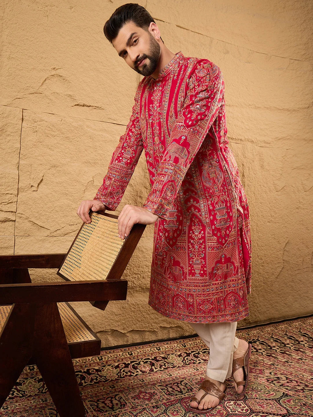 Men Pink Georgette Solid Embroidered Straight Kurta-MKU1160