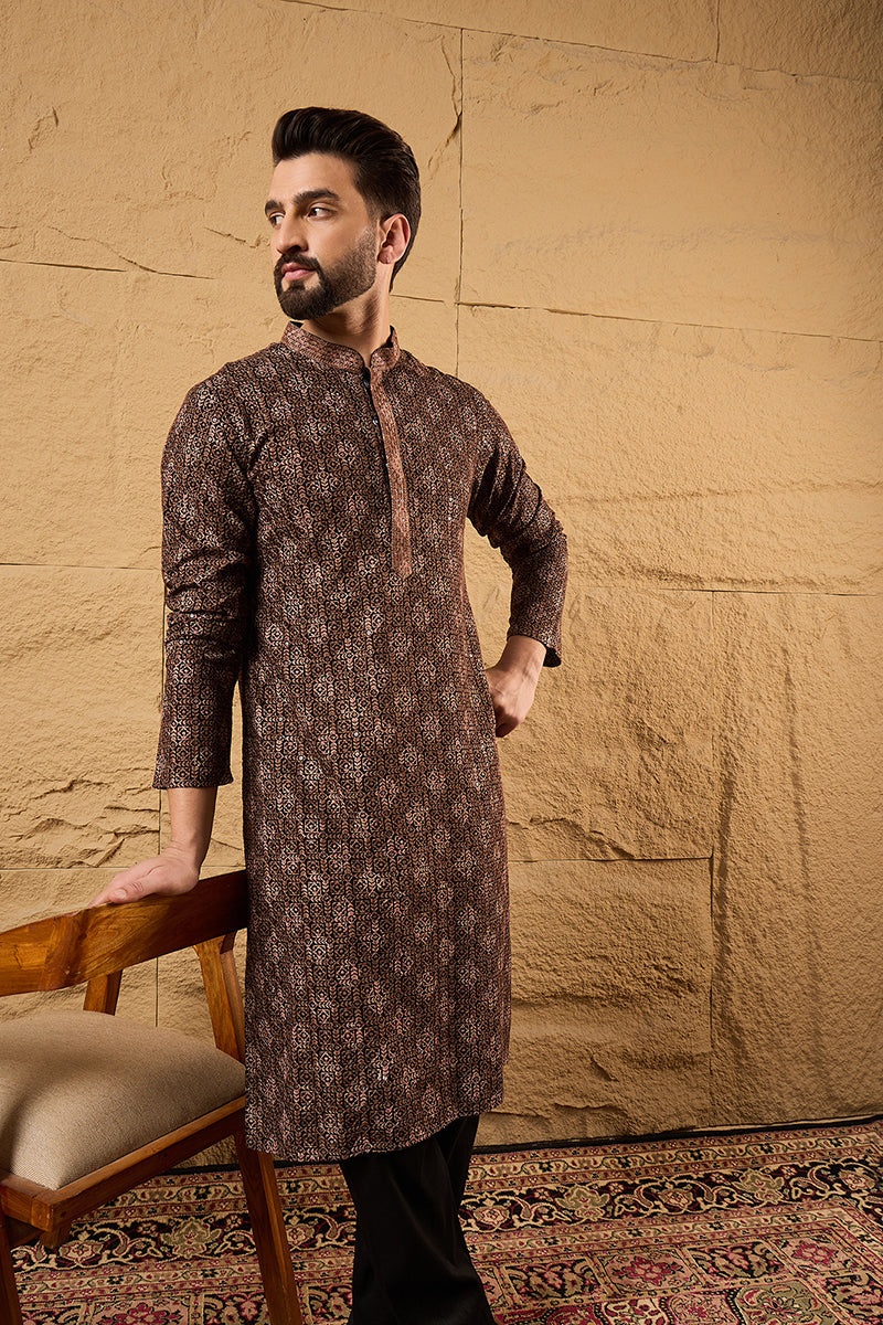 Brown Viscose Rayon Ethnic Motifs Embroidered Chikankari Straight Kurta HOPMKU1164