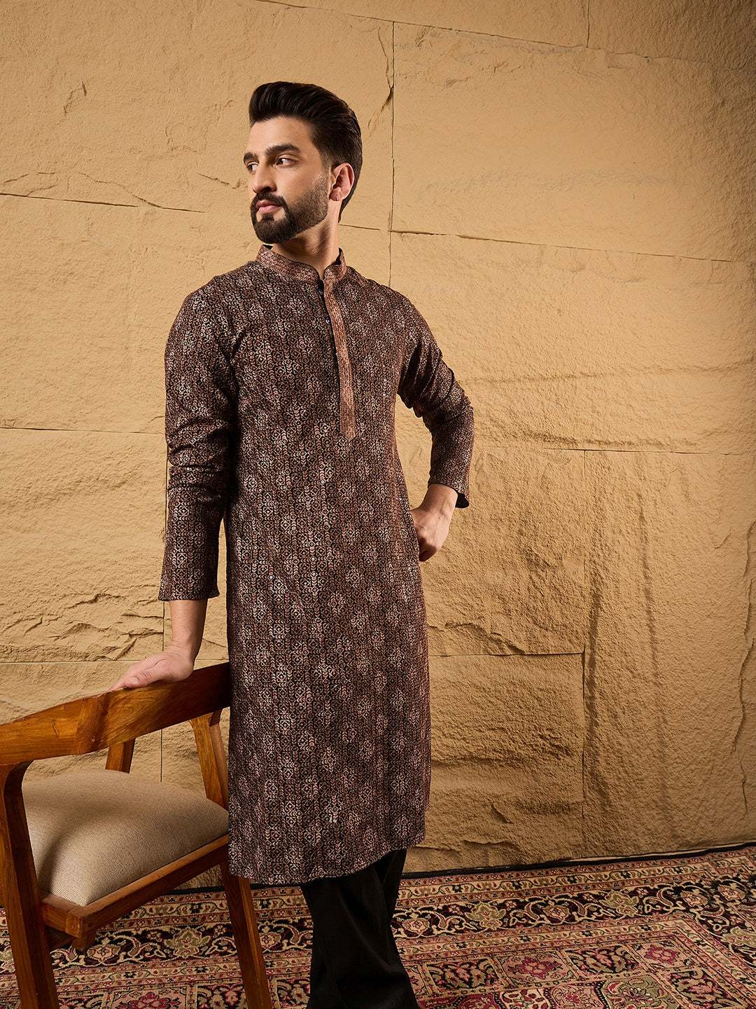 Men Black Viscose Rayon Embroidered Chikankari Straight Kurta-MKU1164