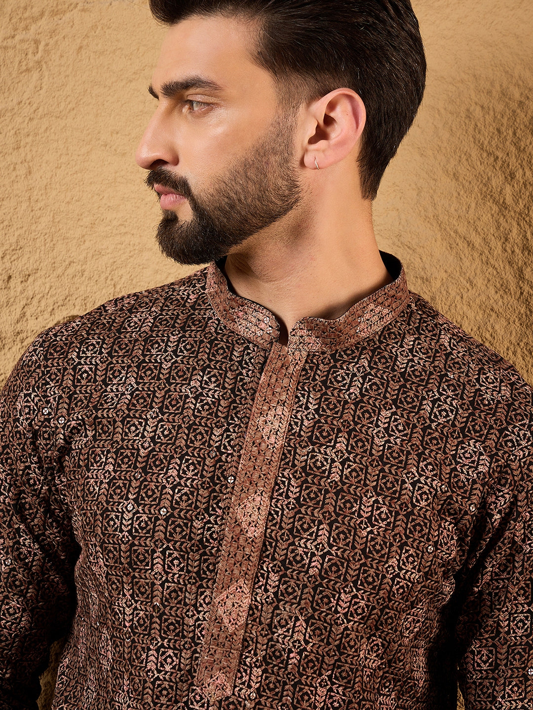 Men Black Viscose Rayon Embroidered Chikankari Straight Kurta-MKU1164